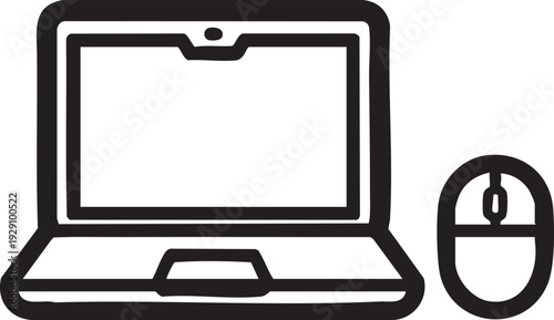 Hand-drawn illustration of an open laptop next to a computer mouse