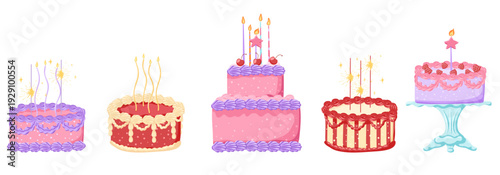 Cartoon birthday cake set with burning candles and party sparklers. Sweet layered desserts with cream icing and vintage decorative details for celebration design. Vector illustration isolated on white