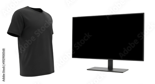 Black T Shirt Beside Black Monitor Display on Transparent Background with Soft Lighting