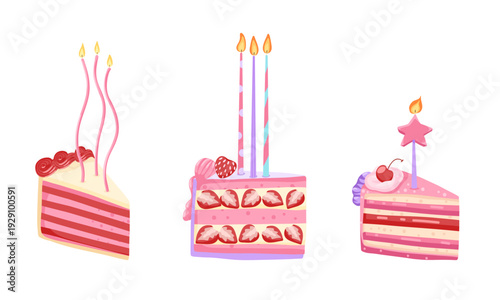 Birthday cakes slices with candles set. Cherry, strawberry bakery dessert. Cakes pieces with pink cream icing for celebration design. Vector illustration isolated on white for postcards and stickers
