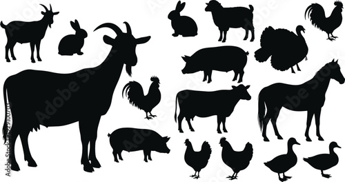 Black silhouettes of various farm animals on white background goats