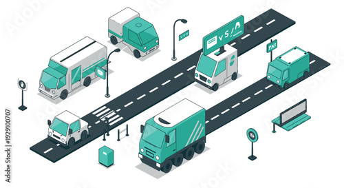 isometric delivery trucks and road elements set in flat design for transportation and logistics illustration