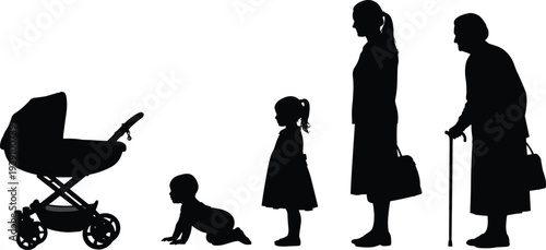 Silhouettes of people in different ages with stroller baby child