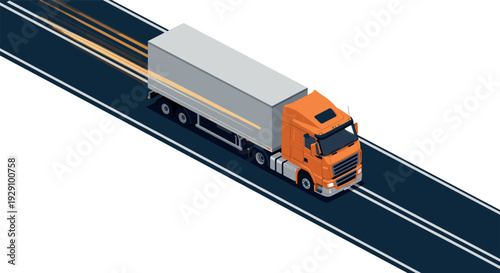 orange semi truck with white trailer driving on dark road isometric vector illustration