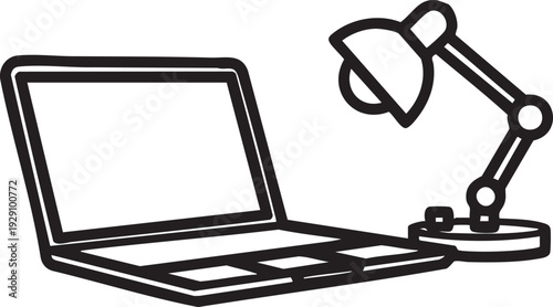 Black and white line drawing of a laptop next to a desk lamp.