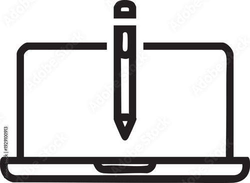 Line art icon of a laptop with a pencil on the screen.