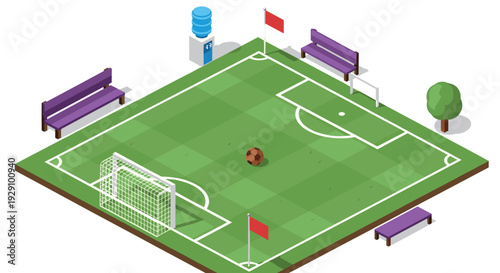 isometric soccer field with goals benches flags and a water cooler hand drawn sports field illustration