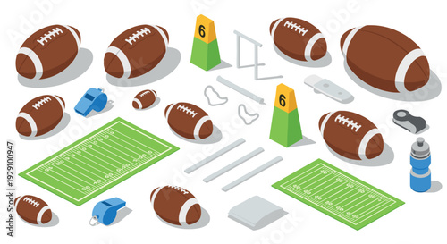 collection of American football equipment including balls fields whistles and markers in isometric style