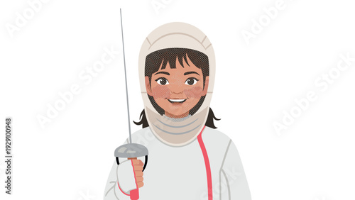 smiling young woman fencer holding foil sword in classic fencing gear hand drawn vector illustration