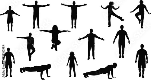 Black silhouettes of people in various poses on white background