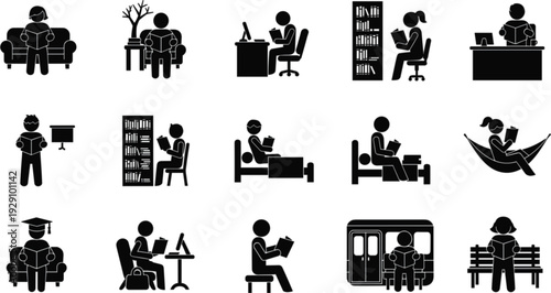 Reading People Silhouette Icon Set with Students and Readers at Home Library Office and Public Transport Vector Illustration Collection