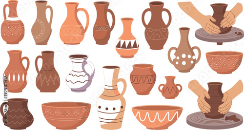Handmade Ceramic Pottery Collection with Clay Vases, Bowls and Potter Hands Shaping Earthenware for Traditional Craft Vector Illustration