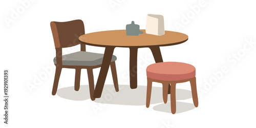 minimalist round table with two chairs in contemporary apartment interior