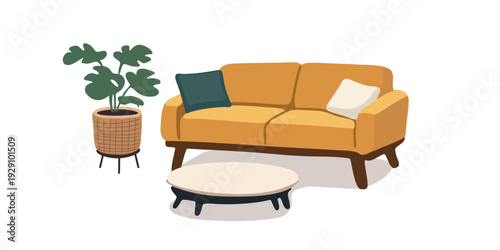 bright yellow modern sofa with decorative cushions in contemporary living room