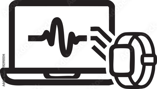 A laptop screen displaying a waveform, connected to a smartwatch, illustrating health data monitoring or fitness tracking.
