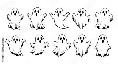 Set of cute ghost characters in various playful poses