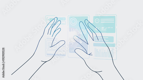 Vector illustration of hands interacting with a futuristic virtual interface, displaying advanced digital data screens and innovative interaction technology concepts