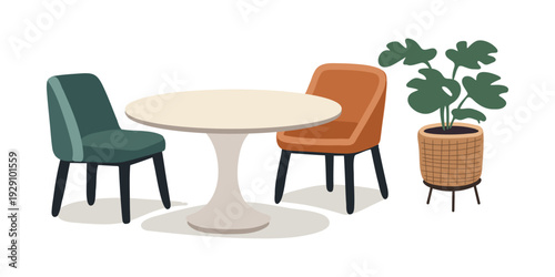 modern round table with two chairs in stylish home dining area