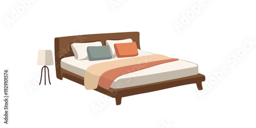 bright contemporary double bed in minimalist bedroom interior concept