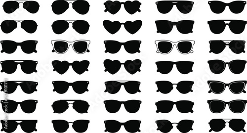 Large collection of black sunglasses silhouettes featuring various frame styles including aviator heart shaped cat eye and wayfarer designs for fashion and summer lifestyle