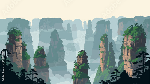 rocky mountain landscape with tall pillars and lush greenery in digital painting style