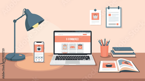 e-commerce online shopping workspace with laptop smartphone books and desk lamp in flat modern vector style
