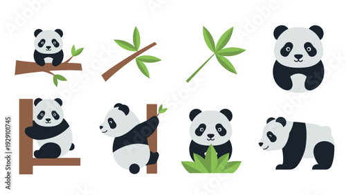 cute panda bears with bamboo branches and leaves hand drawn vector icons set