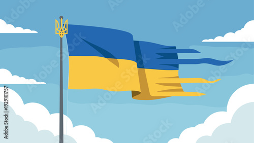 waving ukrainian flag with trident symbol hand drawn illustration on blue sky background
