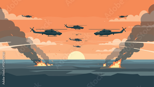 military attack helicopters flying over sea battlefield at sunset hand drawn illustration