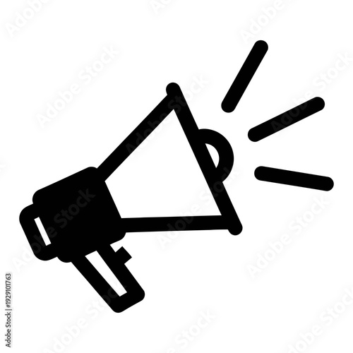 Black megaphone icon with sound waves on white background