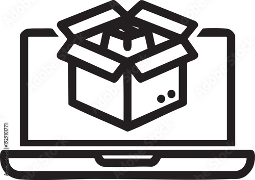 An open cardboard box with contents visible, displayed on a laptop screen, suggesting online shopping and delivery.