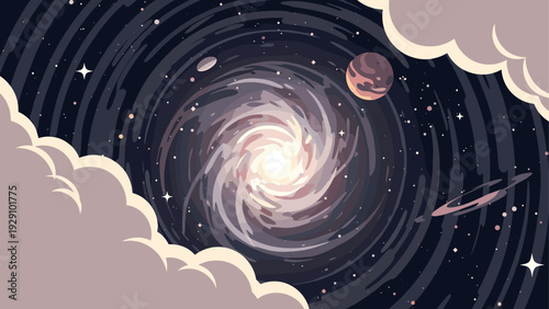 spiral galaxy with planets stars and clouds hand drawn space illustration
