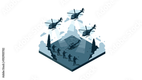 modern isometric military helicopters flying over soldiers in foggy forest night scene hand drawn