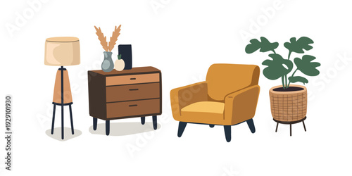 luxury upholstered armchair and nightstand with lamp in residential interior