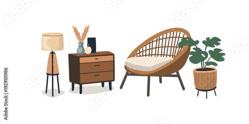 stylish corner interior with armchair and wooden nightstand lamp