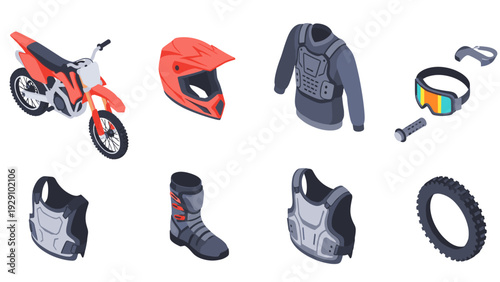 motocross dirt bike with protective gear set hand drawn motorbike helmet boots body armor goggles and tire accessories