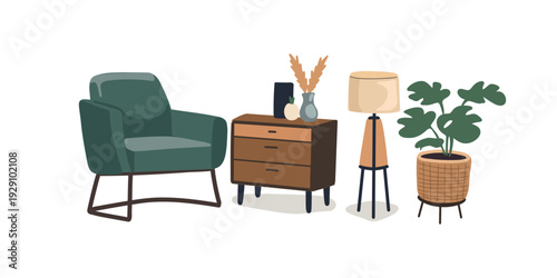 cozy armchair and nightstand with lamp in modern interior design scene