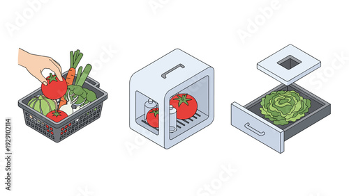 hand drawn set of illustrations showing grocery shopping vegetable basket refrigeration and fresh food storage drawer