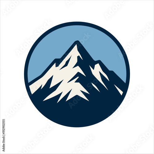 A stylized circular logo featuring a snowy mountain range with a blue sky, depicted in a flat design style on a white background