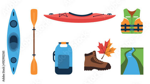 set of kayaking and hiking equipment hand drawn colorful icons including kayaks paddle life vest backpack boot leaf and river illustration