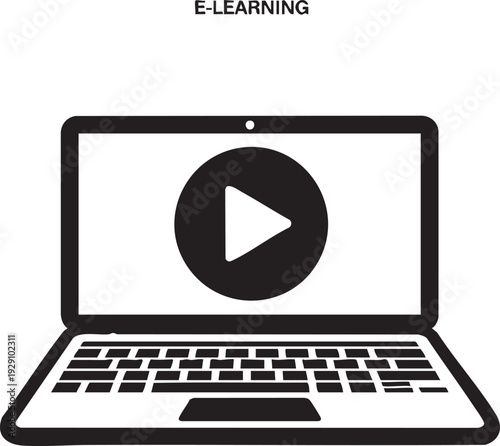 Laptop screen features a prominent play button and 'E-LEARNING' text, indicating online courses or video content.