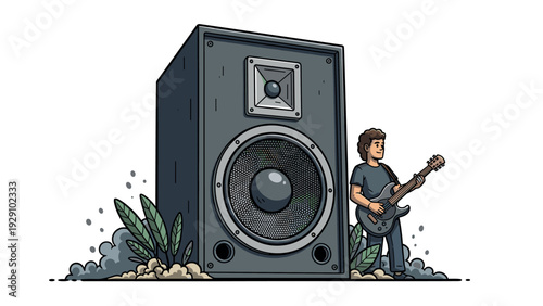 man playing electric guitar beside large speaker hand drawn music illustration