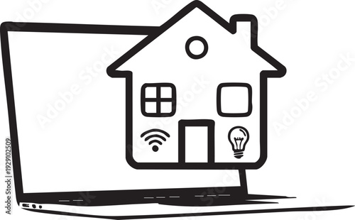 Laptop displaying a house icon with smart home symbols, connected living concept