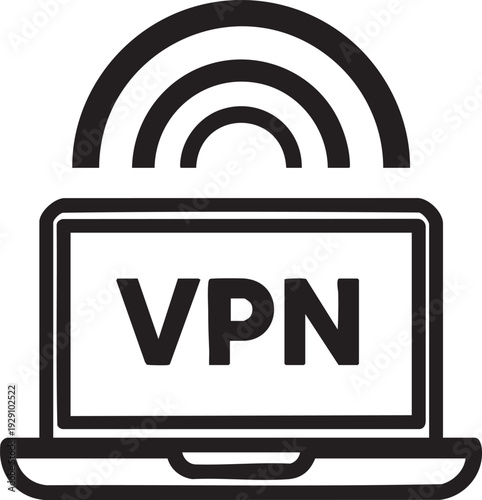 Laptop screen shows VPN text with Wi-Fi signal waves, secure internet connection