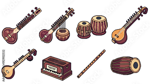 collection of hand drawn traditional Indian musical instruments including sitar tabla tanpura harmonium and flute in colorful cartoon style