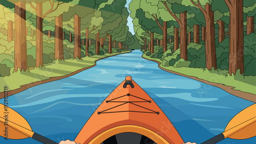 view from a kayak on a river surrounded by dense forest hand drawn illustration for nature and outdoor activities