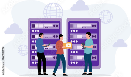 People Working On Leptop And Server Digital Data Center Illustration