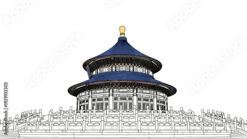 temple of heaven in beijing china hand drawn style detailed architectural illustration