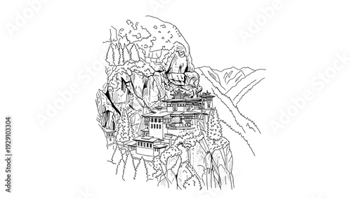 hand drawn monastery built on cliff with surrounding trees and mountain landscape line art illustration