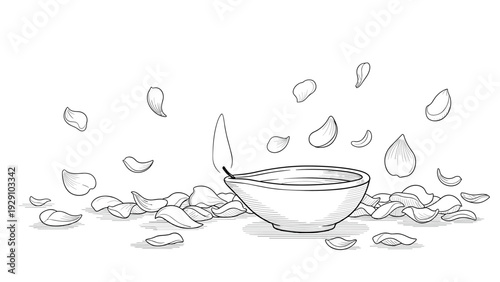 bowl of soup with hand drawn falling petals and spoon line art illustration